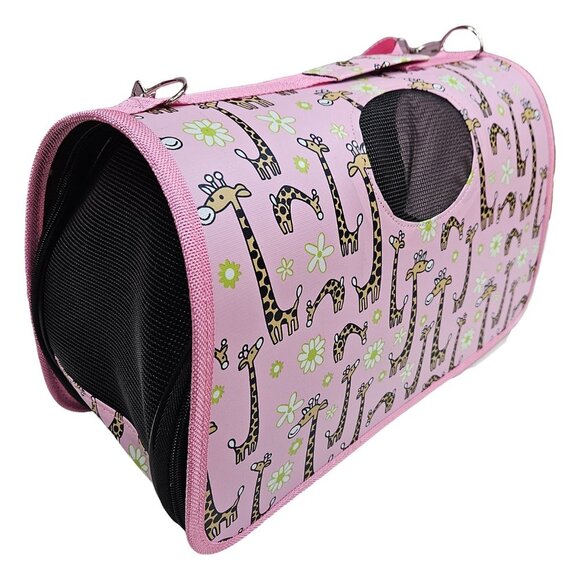 Pet Carrier, Pink with Giraffes Print - Picture 1 of 7